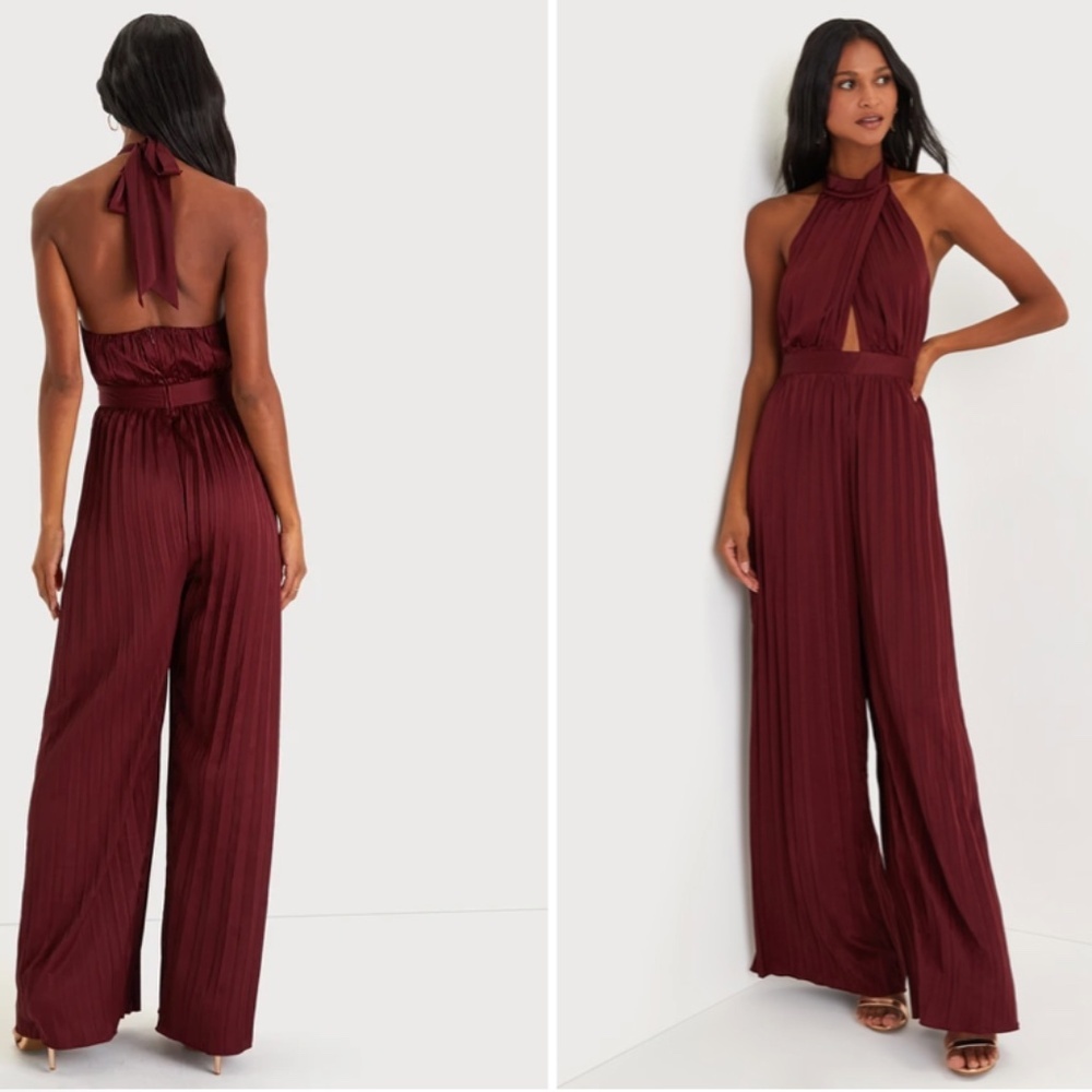 Lulu's Burgundy Halter Backless Pleated Jumpsuit